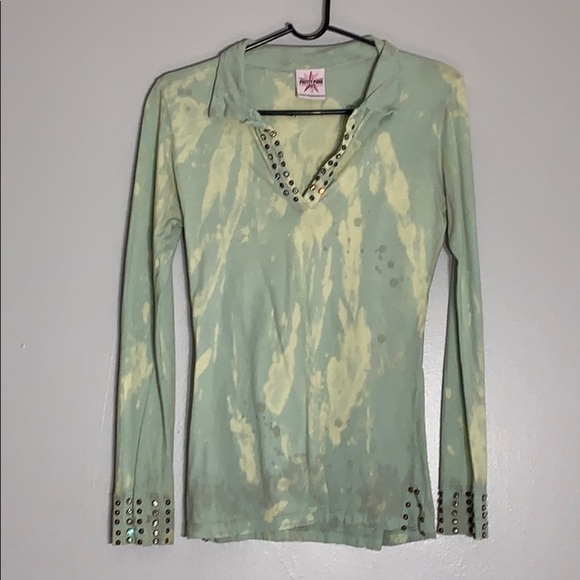 Pretty in Punk 90s grunge Bleach Studded Collared V Neck long sleeve T-shirt - Picture 8 of 9